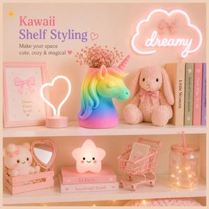 May include: A shelf display with a Kawaii theme. It features a rainbow unicorn head vase with flowers, a pink bunny plush, a heart-shaped lamp, and a star-shaped night light. The display includes books, a pink shopping cart, and a dreamy cloud-shaped neon sign.