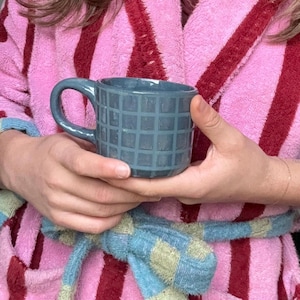 Handmade Blue Grid Mug - Monochromatic ceramic Cup - Textured Geometric Pottery - light Aesthetic - Coffee Lover