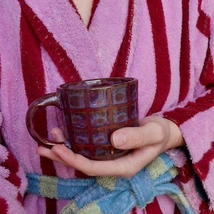 Handmade Plum Grid Mug - iredecent oil slick ceramic Cup - Textured Geometric Pottery - light Aesthetic - Coffee Lover