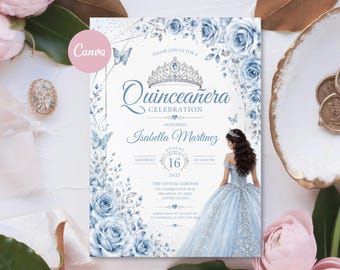 May include: A rectangular Quinceañera invitation card featuring blue roses, a silver tiara illustration, and text reading Quinceañera Celebration, Isabella Martinez, August 16, 2025, at The Crystal Gardens, Orlando, Florida, with a blue gown graphic.