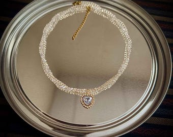 Handmade, Crystal Heart Pendant Choker Necklace, Romantic Vintage Style Jewelry, Gift for Her, Dainty Charm Necklace