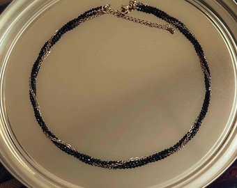 Handcrafted, Black Spinel Beaded Necklace, Gold Chain TwistedChoker, Dainty Gemstone Jewelry, Minimalist Everyday Necklace, Gift for Her