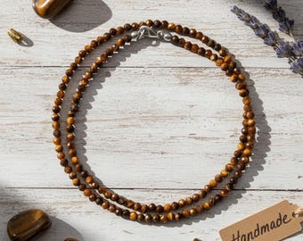 Tiger Eye Beaded Necklace Faceted Gemstone Natural Stone Necklace 925 Sterling Silver Clasp Minimalist Gemstone Jewelry Gift for Him Her.