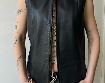 Women’s Black Leather Vest, Genuine Leather Biker Vest for Women, Cropped Motorcycle Waistcoat, Punk Rock Sleeveless Jacket Gift for Her
