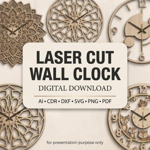 Puede incluir: Una colección de relojes de pared de madera cortados con láser en varios diseños geométricos e inspirados en la naturaleza. La imagen incluye relojes con patrones intrincados y siluetas de animales. El texto en la imagen dice "LASER CUT WALL CLOCK DIGITAL DOWNLOAD".