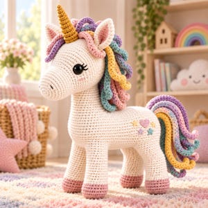 May include: A cream-colored crochet unicorn plush toy featuring a golden yellow horn, a multi-colored pastel mane and tail, and embroidered details on the flank including a heart and several small stars in pink, yellow, and blue.