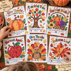 Könnte beinhalten: Sechs weiße Papierbögen mit herbstlichen Bastelarbeiten aus bunten Papierblättern. Die Motive zeigen einen Kürbis, einen Baum, einen Erntekorb, einen Apfel, einen Truthahn und ein Blatt, jeweils mit religiösen Texten und Titeln versehen.