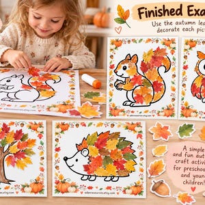 Könnte beinhalten: Ein herbstliches Bastelset mit bedruckbaren Vorlagen von Eichhörnchen, Eule, Baum und Igel. Die Blätter haben Ränder mit Kürbissen und Eicheln. Enthalten sind ausgeschnittene Papierblätter zum Verzieren der Tier- und Baumillustrationen.