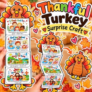 May include: A Thankful Turkey Surprise Craft featuring a cartoon turkey with colourful feathers. The craft includes four stacked panels with illustrations of children and religious text including Psalm 107:1, Hebrews 13:6, Genesis 1:31, and 1 John 4:19.