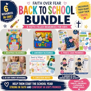 以下が含まれることがあります： Faith Over Fear Back To School Bundleというタイトルの子供向けデジタル教材セット。バックパック、ランチボックス、ペンケース、デボーションブック、ランチノート、神の武具をテーマにした着せ替えアクティビティなど、6つのリソースが画像で紹介されています。