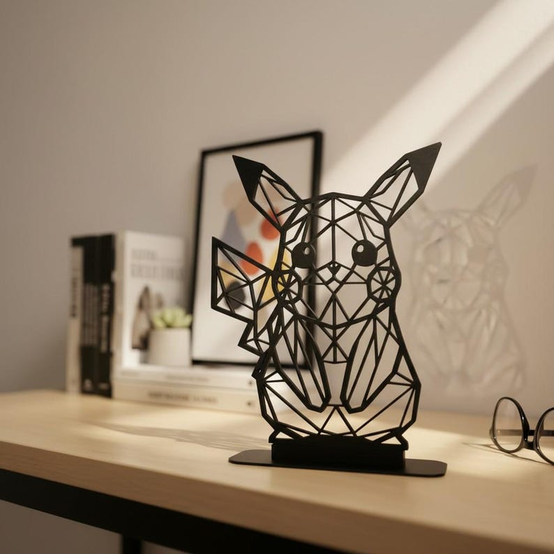 Pikachu Low Poly Wireframe 3D Printed Figure – Black Geometric Pokémon ...