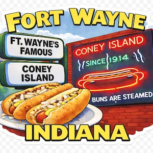 Fort Wayne Indiana Coney Island Hot Dog Sticker – Retro Neon Sign Decal (2x3")