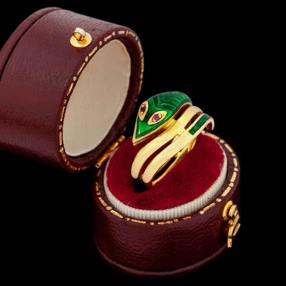 Antique Retro 18k Gold Ruby Enamel Serpent Ring
