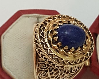 Antique Art Deco 14K Yellow Gold  Filigree Lapis Lazuli Ring, 1930's