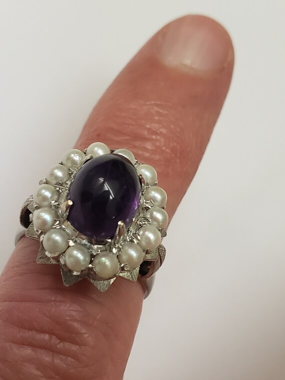 Incredible works of Art Antique 14k WG  Genuine  Cabochon Amethyst  & Seeds Pearl, 1930's View 3