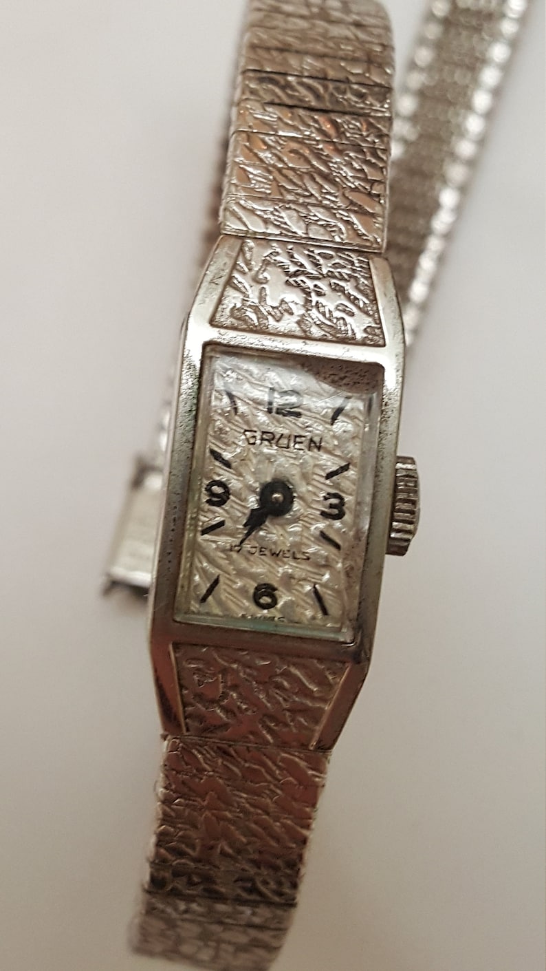 Vintage Gruen Ladies 10k White Gold Plated Watch Etsy