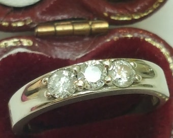 Estate Vintage  .75ct 3-stone Old Mine Cut  Diamonds  Wedding Band 10kt White  Gold  Ring, 1930s