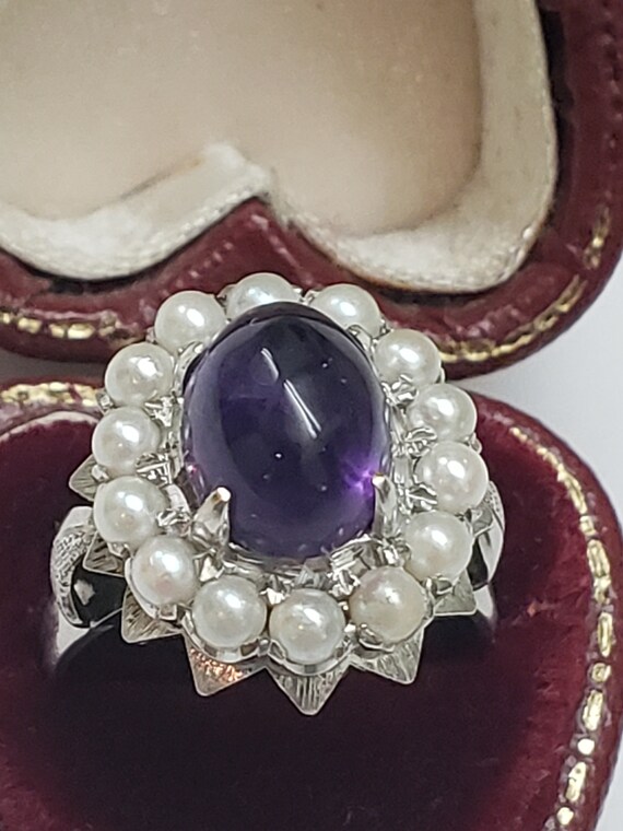 Incredible works of Art Antique 14k WG  Genuine  Cabochon Amethyst  & Seeds Pearl, 1930's