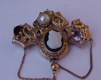 GIA Certified! Antique Victorian Unique 14k Yellow Gold Amethyst Garnet  Pearl Cameo  Brooch- Pendant ,late 1800s