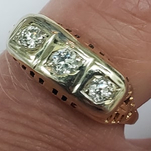 Estate 14K 2-Tone 3-Stone Old European Cut Diamonds Ring Vintage, 1930s