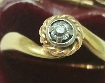 Antique Unique Victorian  14k 2-Tone   Gold Engagment .15ct Old Mine  Cut  Diamond  Ring ,1900's