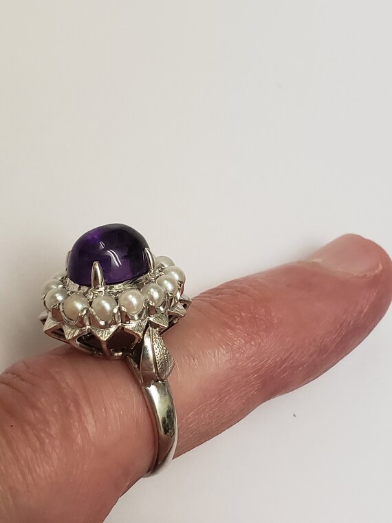 Incredible works of Art Antique 14k WG  Genuine  Cabochon Amethyst  & Seeds Pearl, 1930's View 5