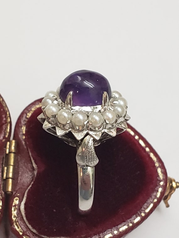 Incredible works of Art Antique 14k WG  Genuine  Cabochon Amethyst  & Seeds Pearl, 1930's View 4