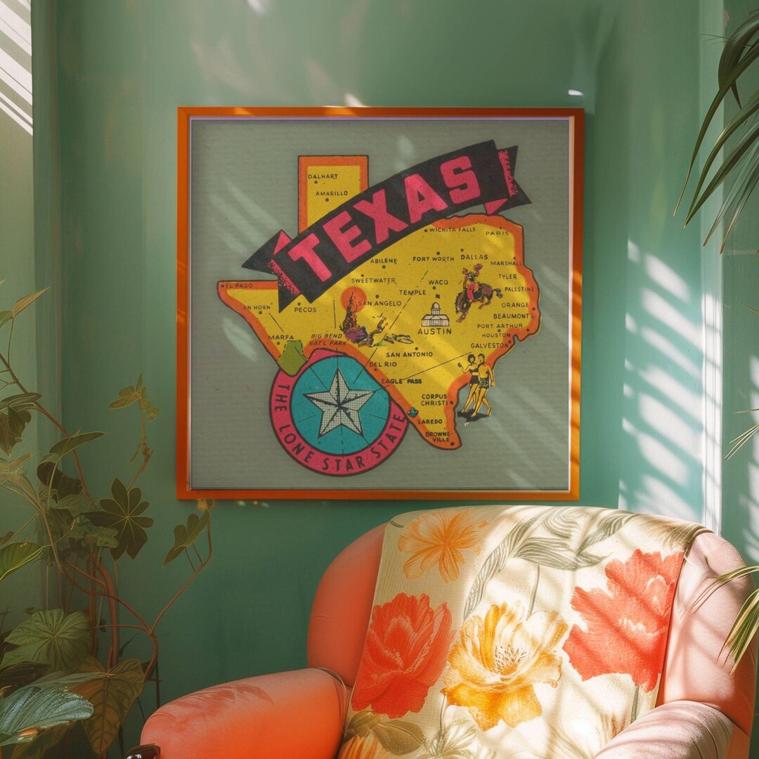 Texas Map Print, Vintage Travel Poster Wall Art, Lone Star State Decor ...