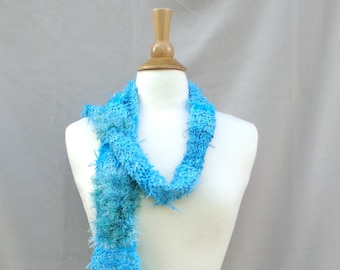 Aqua Green Textured Art Scarf, Hand Knit Mixed Texture Designer Scarf, Women & Teen Girls, Girl Power Fashion