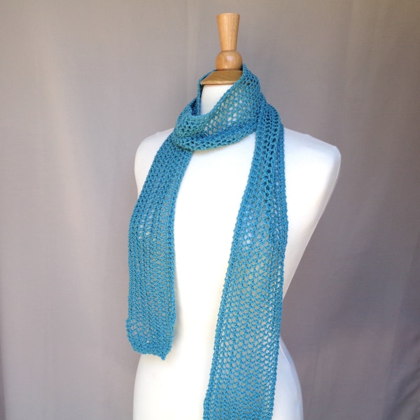 Skinny Lariat Scarf, Teal Green, Summer Fashion, Mesh Lace, Hand Knit, Cotton Merino Blend, Thin Knit Scarf, Women Teen Girls