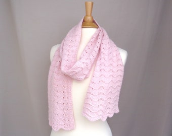 Lace Cashmere Scarf, Pale Pink Hand Knit, Luxury Natural Fiber, Pure Cashmere, Super Soft, Women's Fashion, Christmas Gift