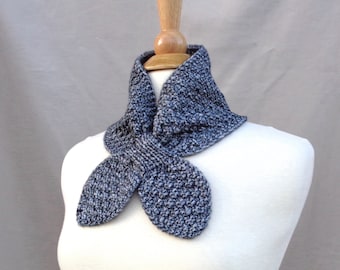 Ascot Scarf, Charcoal Gray, Neck Warmer Cowl, Hand Knit, Cotton Merino Wool, Pull Through Keyhole Women's Scarf