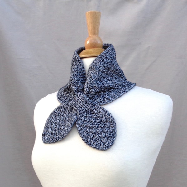 Ascot Scarf, Charcoal Gray, Neck Warmer Cowl, Hand Knit, Cotton Merino Wool, Pull Through Keyhole Women's Scarf