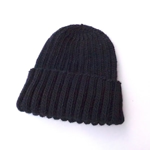 Alpaca Wool Hat Mens size XL, BLACK, Watch Cap Beanie, Hand Knit, Extra Large, Warm Winter Hat