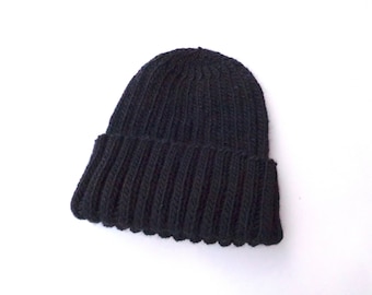 Alpaca Wool Hat Mens size XL, BLACK, Watch Cap Beanie, Hand Knit, Extra Large, Warm Winter Hat