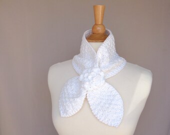 White Ascot Scarf with Rose Flower, Cotton, Pull Through Knit Scarflette, Hand Knit, Neck Warmer, Women's Fashion