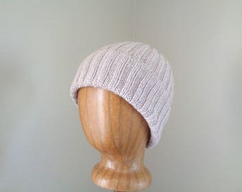 Pure Cashmere Hat, Natural Light Brown, Hand Knit Hat, Ribbed Beanie with Cuff, Gift for Him Her