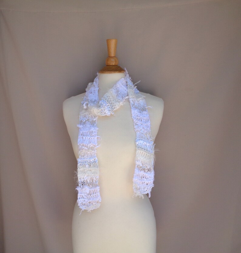 White Art Scarf, Hand Knit Designer Fashion, One of a Kind, Stringy Texture, Wild Scarf, Women & Teen Girls image 6