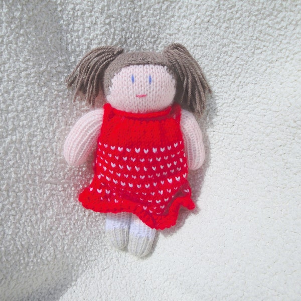 Hand Knit Girl Baby Doll Brown Pigtails Soft Waldorf Toy Red Dress