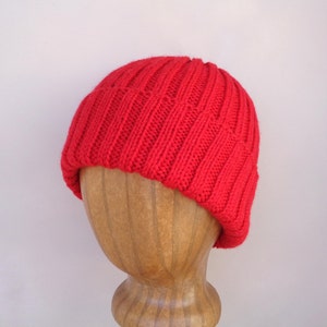 XL Mens Hat, RED, Hand Knit, 100% Wool, Beanie Hat, Watch Cap with Brim, Natural Fiber, Extra Large, Bright Red Wool Hat
