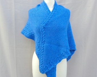 Sky Blue Shawl Wrap with Cables, Alpaca and Wool, Hand Knit Fluffy Texture, Comforting Healing Prayer Shawl