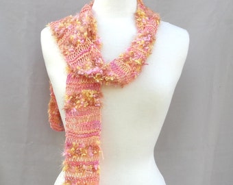 Mixed Texture Art Scarf, Peach Sherbert, Orange Yellow Pink, Summer Fashion, Skinny Thin, Women Teen Girls, Ombre Shades