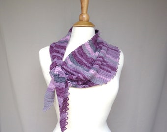 Large Bandana Neck Wrap Scarf, Hand Crochet Merino Wool, Curved Hem Loop Scallops, Purple Gray Stripes