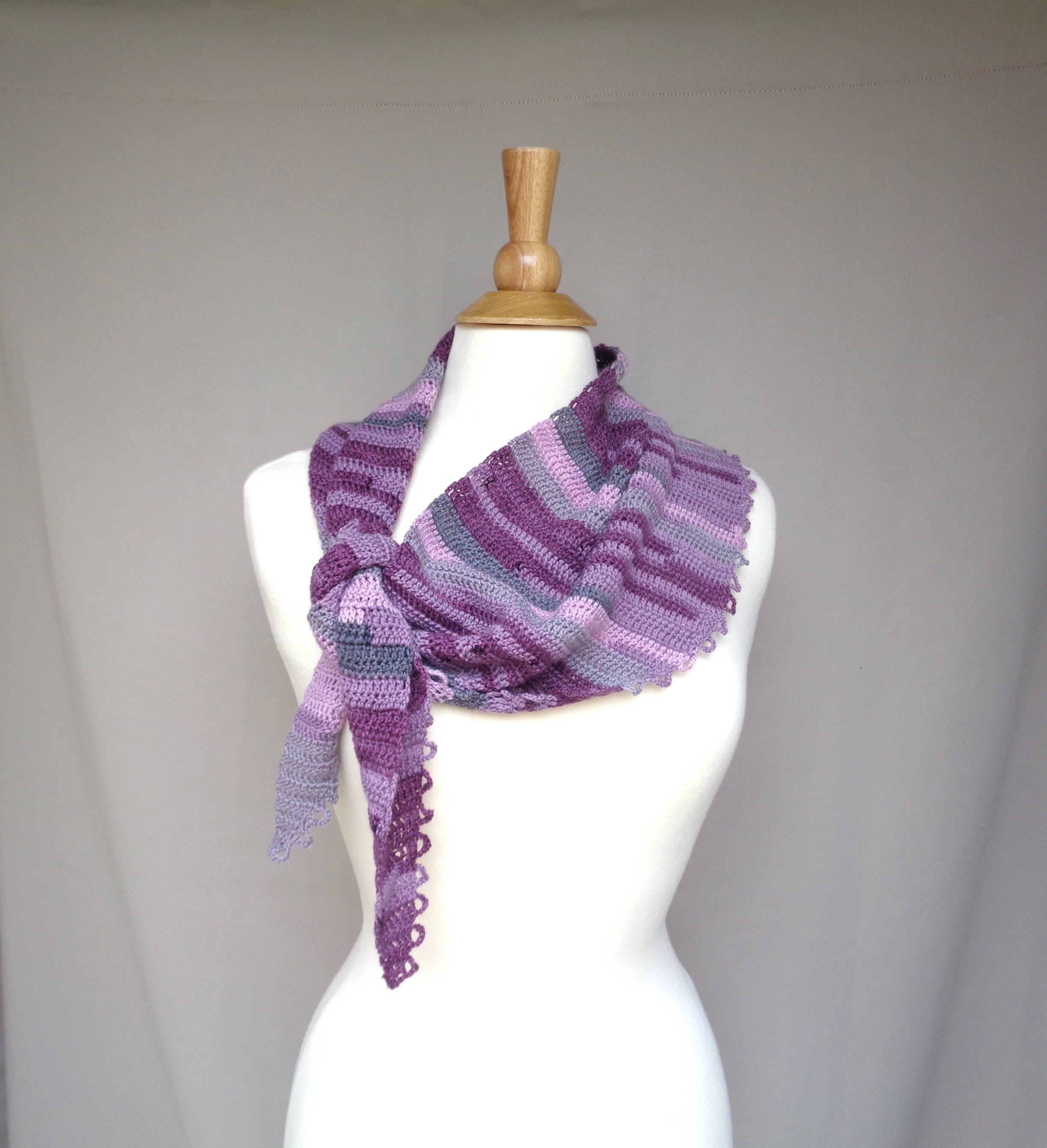 Large Bandana Neck Wrap Scarf, Hand Crochet Merino Wool, Curved Hem Loop Scallops, Purple Gray Stripes