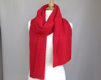 Bright Red Scarf for Men or Women, Cashmere Merino Wool, Long Wide Scarf, Hand Knit, Warm Winter Fashion