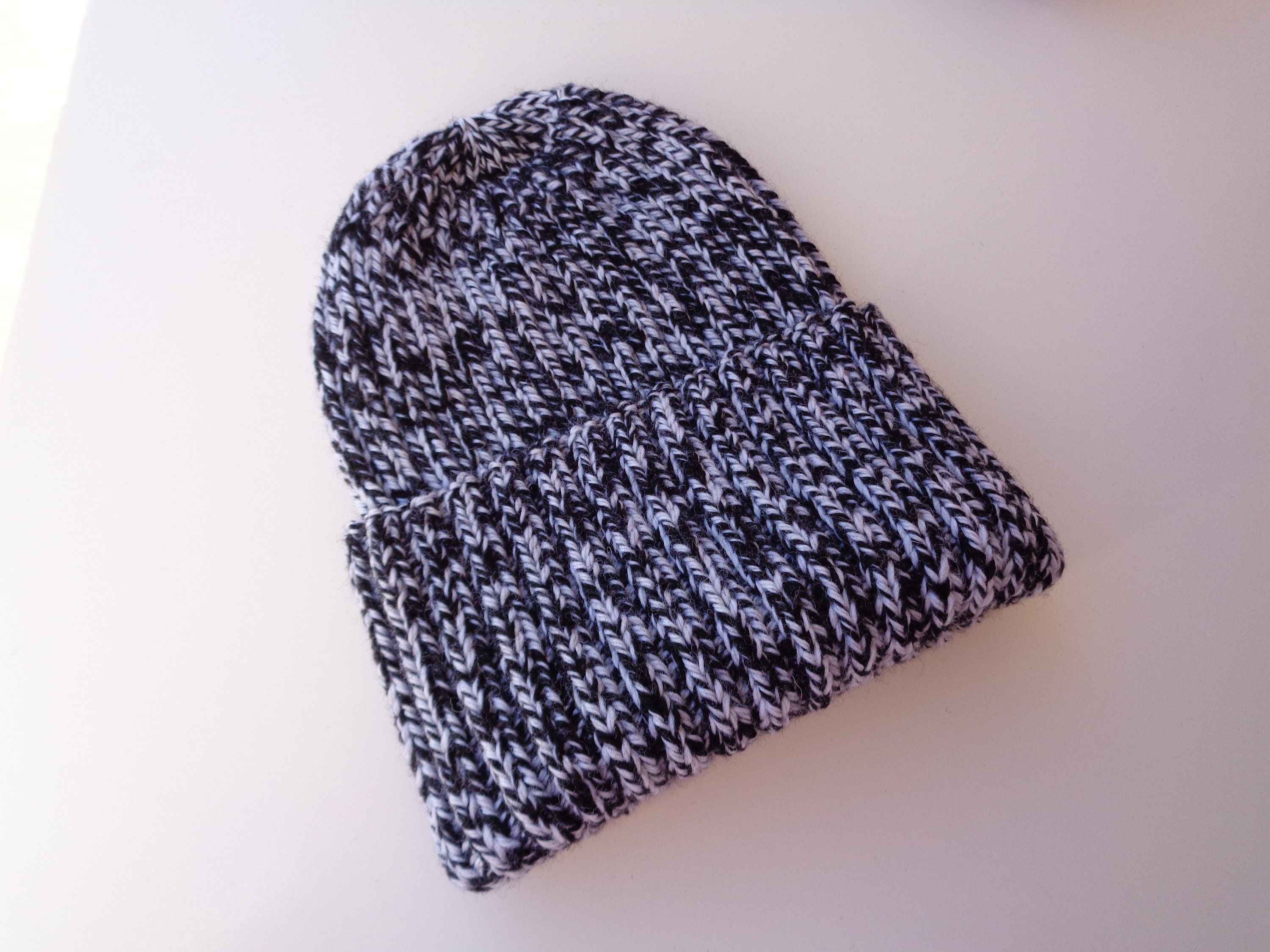XL Mens Hat Black White Marl Hand Knit 