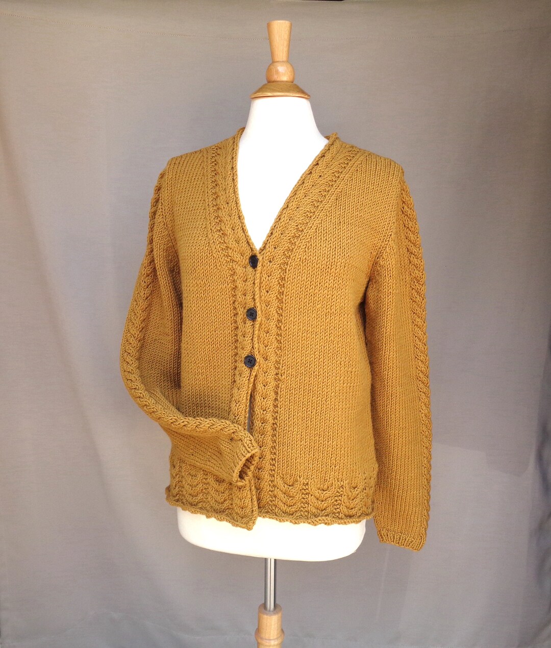 Mustard Gold Cardigan Sweater With Cable Design, Hand Knit, Merino Wool