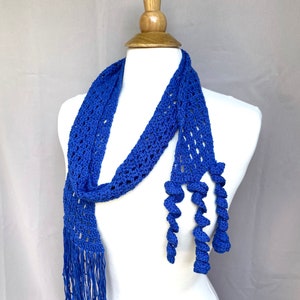 Royal Blue Wrap Scarf with Fringe and Corkscrews, Skinny Scarf, Mesh Lace, Hand Crochet, Women Teen Girls, Cotton and Bamboo