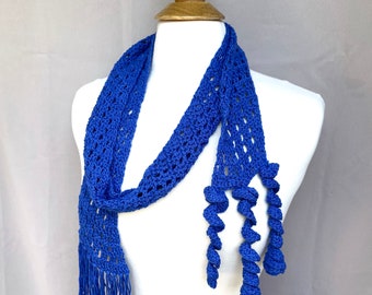 Royal Blue Wrap Scarf with Fringe and Corkscrews, Skinny Scarf, Mesh Lace, Hand Crochet, Women Teen Girls, Cotton and Bamboo