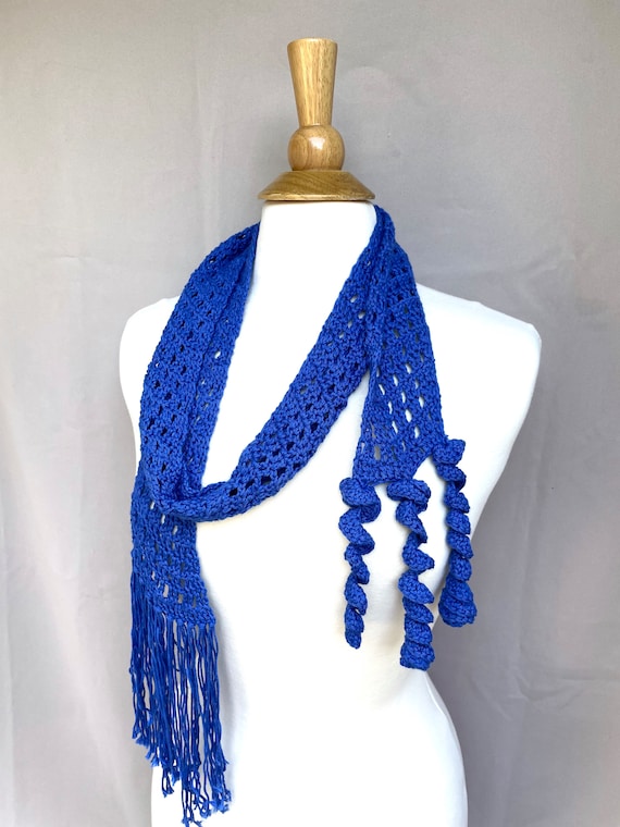 Royal Blue Wrap Scarf With Fringe and Corkscrews, Skinny 